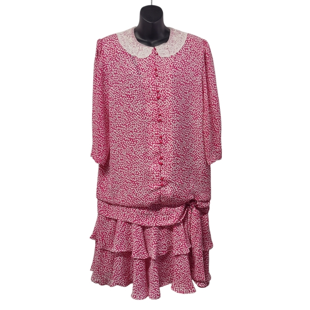 Vintage In The Mood Pink White Drop Waist Ruched Skirt Dress Size L